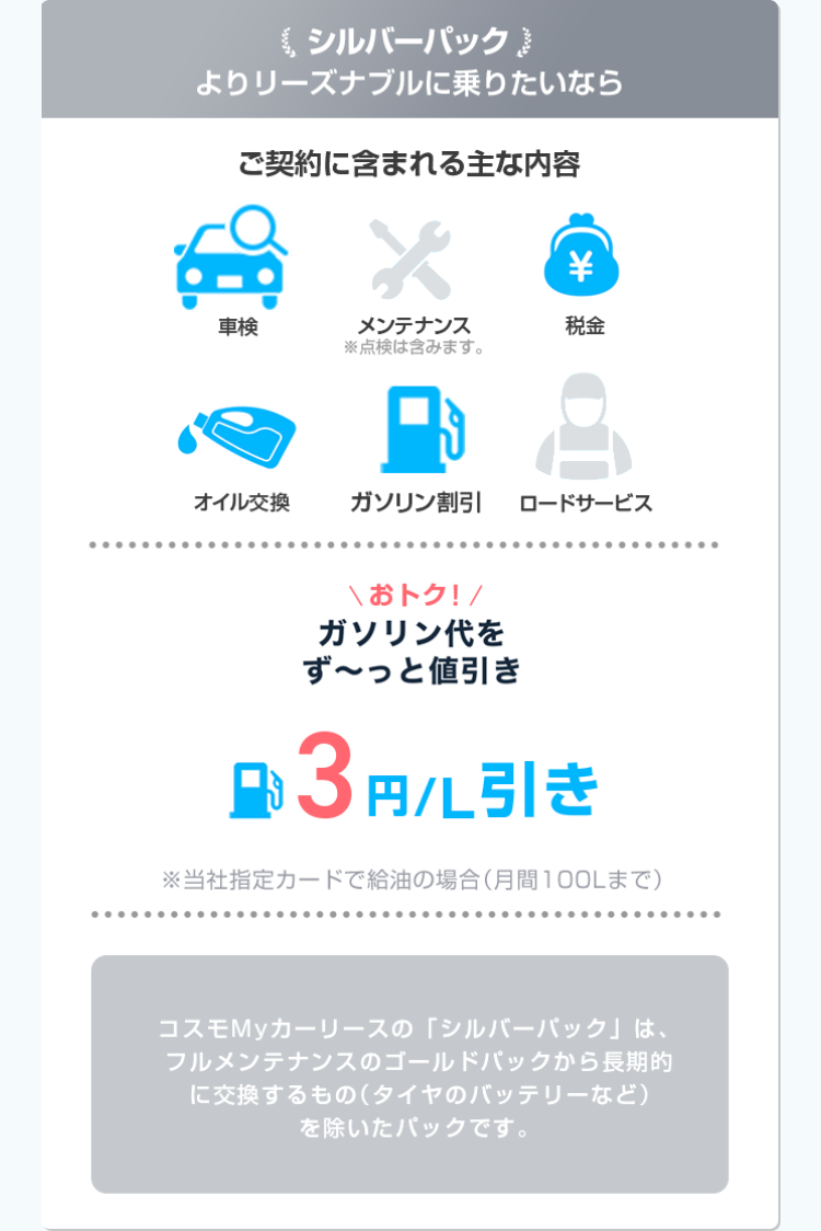 ONE シルバーパック
よりリーズナブルに乗りたいなら
ご契約に含まれる主な内容
車検
*
メンテナンス
\
税金
※ 点検は含みます。
オイル交換
ガソリン割引
ロードサービス
\おトク!/
ガソリン代を
ず~っと値引き
33円/L引き
※当社指定カードで給油の場合 (月間100Lまで)
コスモMyカーリースの「シルバーパック」は、
フルメンテナンスのゴールドパックから長期的
に交換するもの(タイヤのバッテリーなど)
を除いたパックです。
...